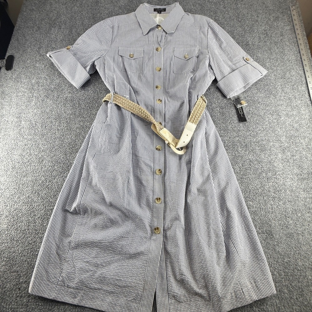 Tahari Arthur S Levine Valerie Seersucker Striped Belted DRESS Blue White 16